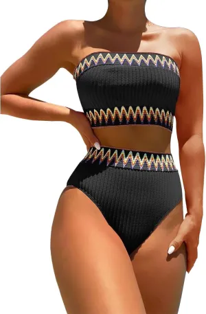 HYTENSUN Women's Bandeau High Waisted Bikini Patchwork Strapless Ribbed Swimsuits Two Piece Bathing Suits