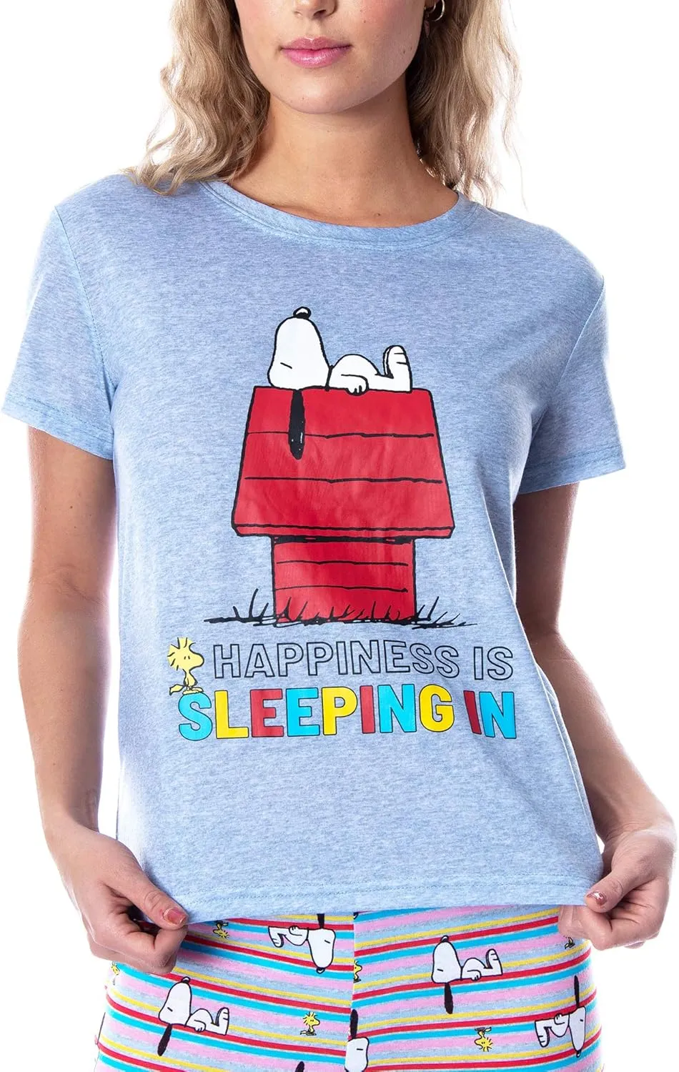 INTIMO Peanuts Women's Snoopy Happiness is Sleeping In Shirt And Pants Sleepwear Pajama Set