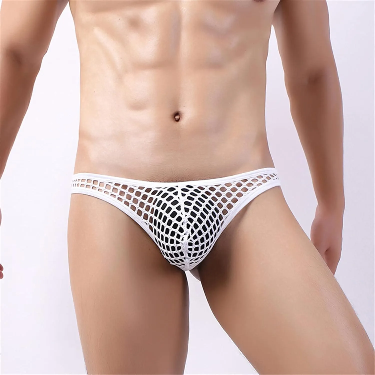 JEsilunmaMY Hollow Bikini Briefs for Men Low Rise Fishnet U Convex Pouch G-Strings Thong Mesh Transparent Underwear Swimwear (White,Medium)