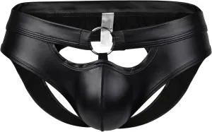 JEsilunmaMY Mens Cut Out Leather Briefs Sexy O-Ring U Convex Pouch Briefs Underwear Backless Hollow Out Underpants Panties
