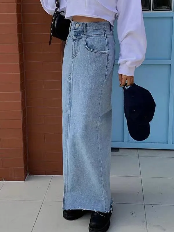 JOSKAA 2024 New Skirt Fashion Retro All-Match High Waist Slit Rolled Edge Denim Skirt