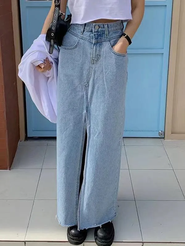 JOSKAA 2024 New Skirt Fashion Retro All-Match High Waist Slit Rolled Edge Denim Skirt