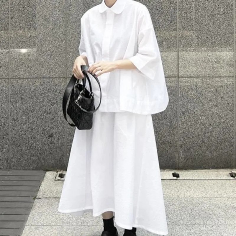 JOSKAA 2024 New Skirt Fashion Simple Lapel Loose Short-sleeved Shirt&high Waist Skirt Suit