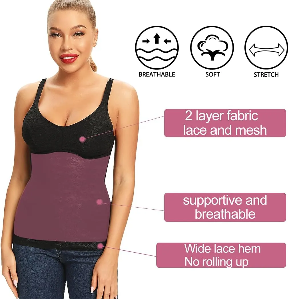 JOYSHAPER Lace Shapewear Camisole for Women with Built in Bra Tummy Control Tank Tops Adjustable Spaghetti Strap Cami