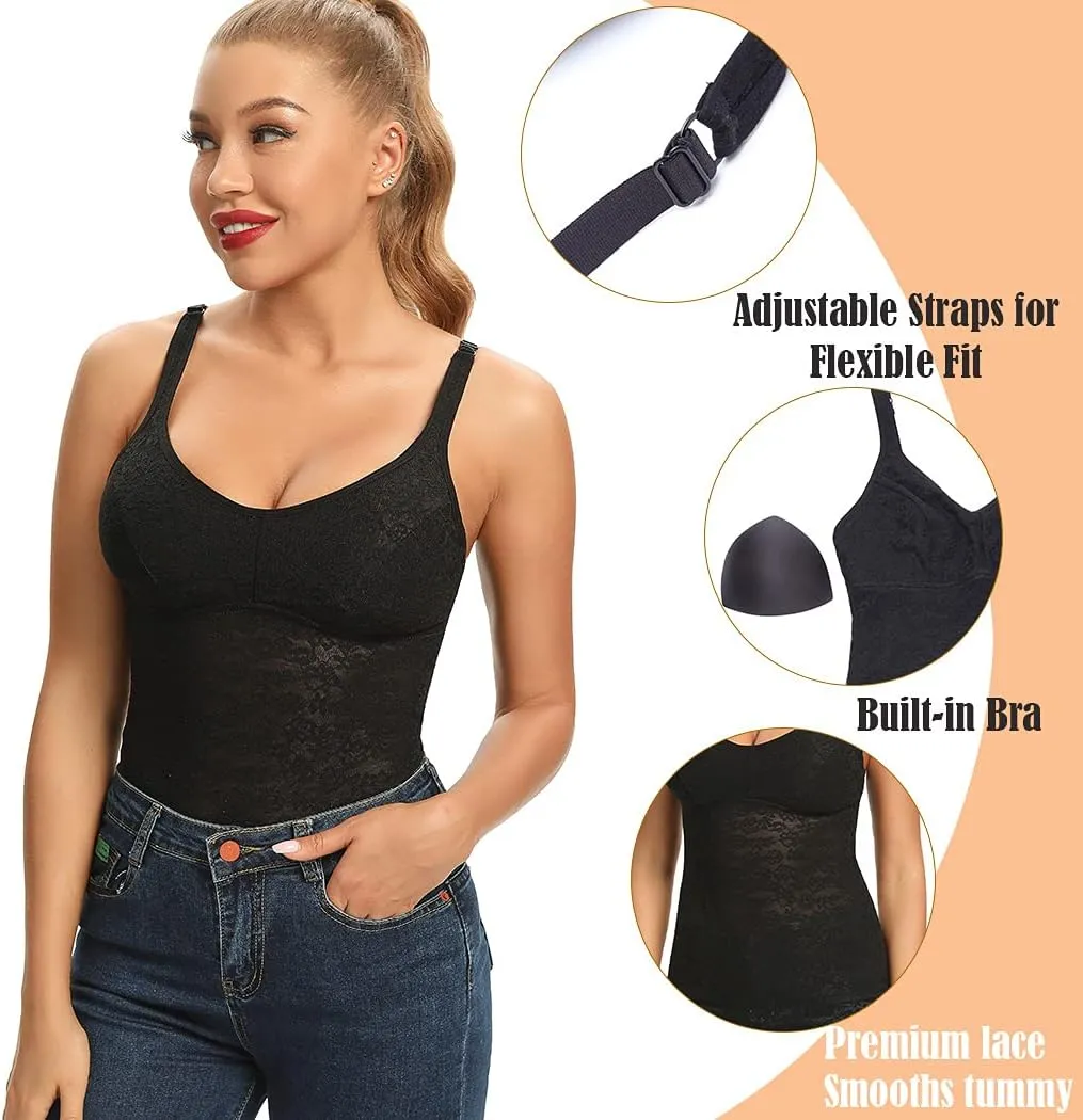JOYSHAPER Lace Shapewear Camisole for Women with Built in Bra Tummy Control Tank Tops Adjustable Spaghetti Strap Cami