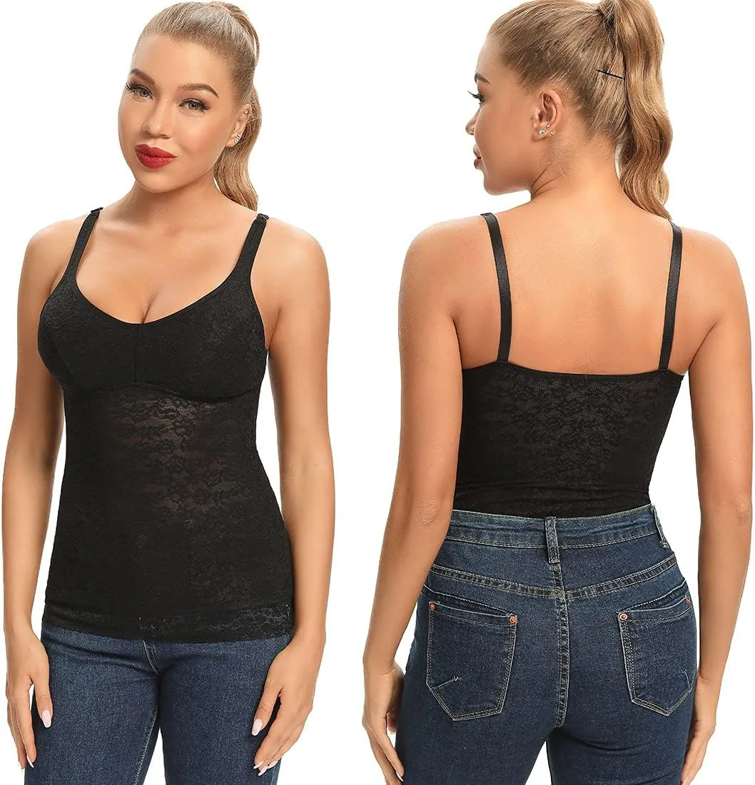 JOYSHAPER Lace Shapewear Camisole for Women with Built in Bra Tummy Control Tank Tops Adjustable Spaghetti Strap Cami