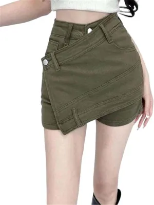 JYHBHMZG High Waisted Design Denim Shorts for Women Summer Irregular Spliced Skirt Button Women's Half Skirt