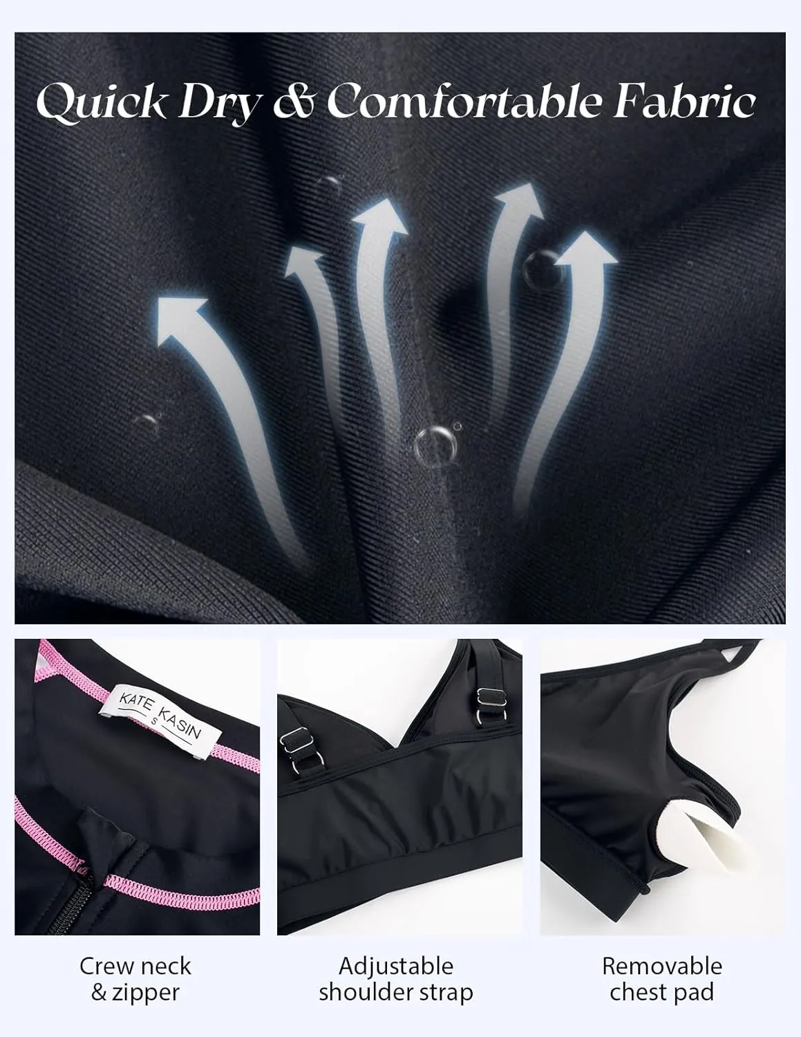 Kate Kasin Womens 3 Piece Rash Guard UPF 50  Long Sleeve Swimsuits Zip Up Surfing Bathing Suits with Built in Bra Short