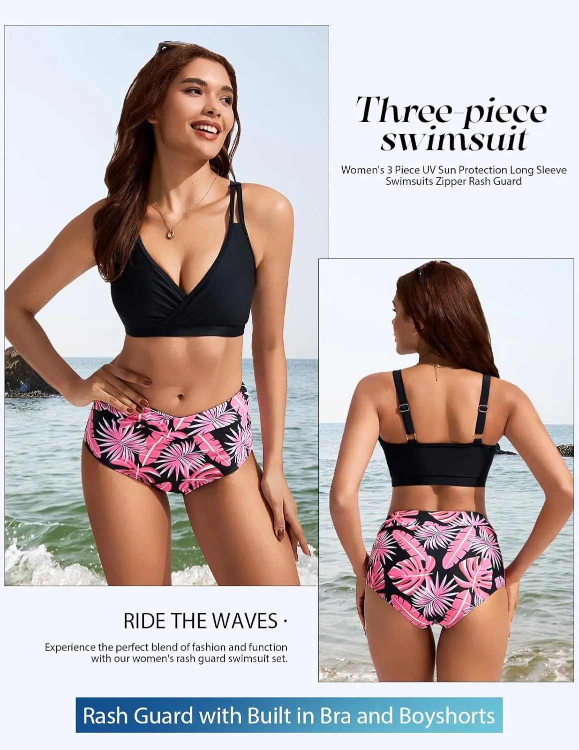 Kate Kasin Womens 3 Piece Rash Guard UPF 50  Long Sleeve Swimsuits Zip Up Surfing Bathing Suits with Built in Bra Short