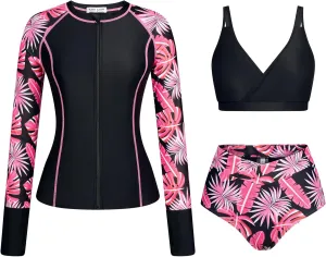 Kate Kasin Womens 3 Piece Rash Guard UPF 50  Long Sleeve Swimsuits Zip Up Surfing Bathing Suits with Built in Bra Short