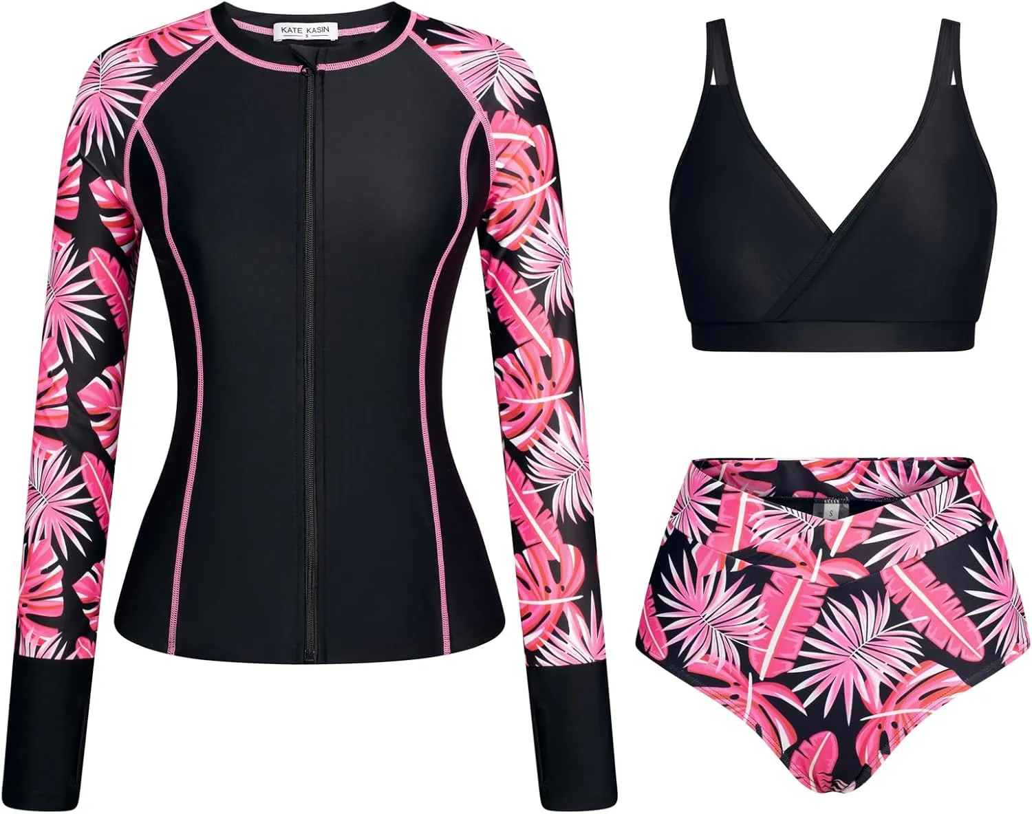 Kate Kasin Womens 3 Piece Rash Guard UPF 50  Long Sleeve Swimsuits Zip Up Surfing Bathing Suits with Built in Bra Short
