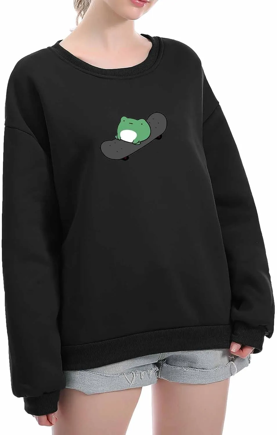 KEEVICI Women's Cute Sweatshirts Skateboarding Frog Long Sleeve Hoodie Pullover Tops