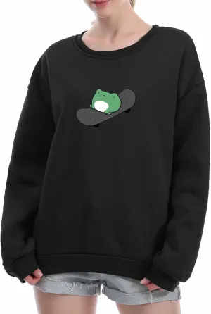 KEEVICI Women's Cute Sweatshirts Skateboarding Frog Long Sleeve Hoodie Pullover Tops