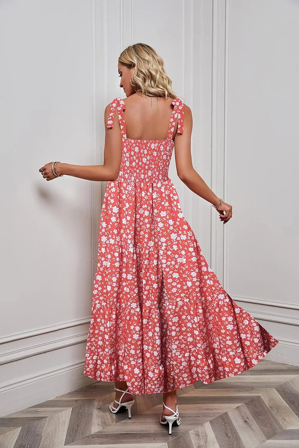 kinstell Women's Summer Boho Spaghetti Strap Square Neck Ruffle Casual Flowy Long Dress Beach Swing Party Maxi Dress