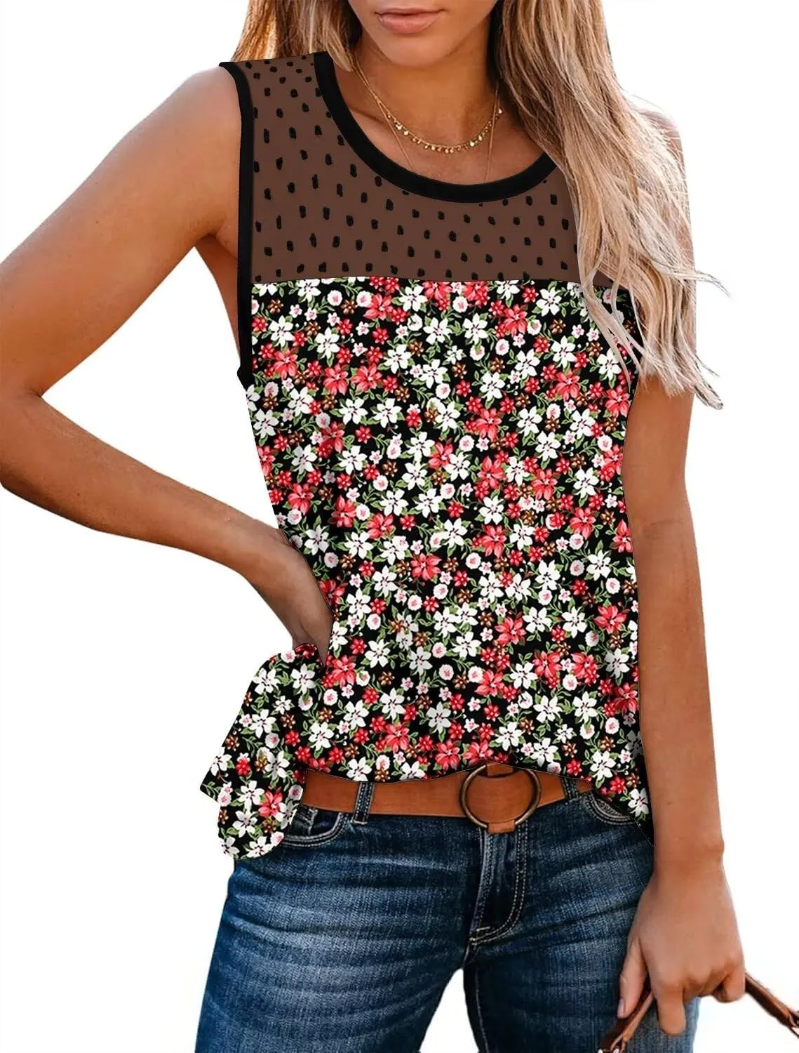 KISSMODA Womens Flora Print Tank Tops Ribbed Summer Shirt Sleeveless Summer Casual Women BlousesS-3XL