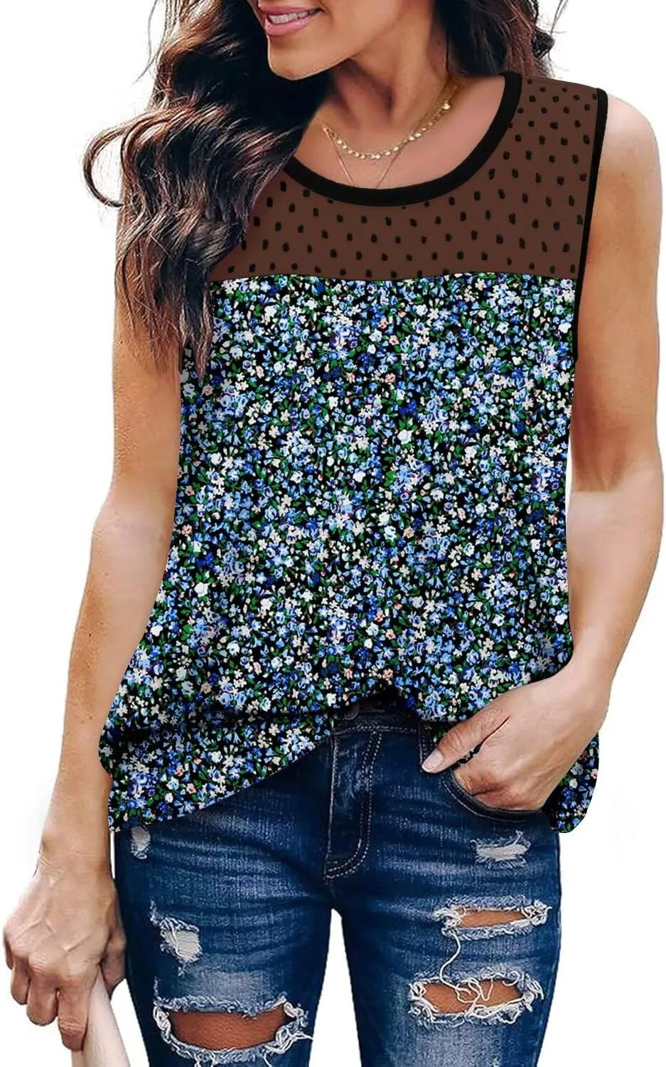 KISSMODA Womens Flora Print Tank Tops Ribbed Summer Shirt Sleeveless Summer Casual Women BlousesS-3XL