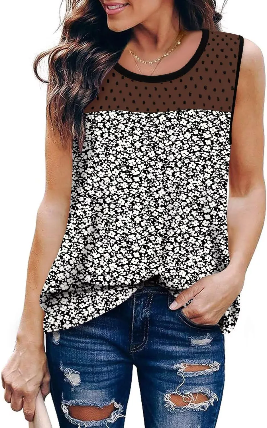 KISSMODA Womens Flora Print Tank Tops Ribbed Summer Shirt Sleeveless Summer Casual Women BlousesS-3XL