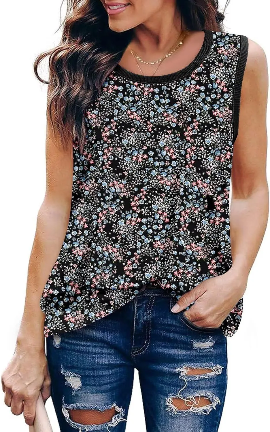 KISSMODA Womens Flora Print Tank Tops Ribbed Summer Shirt Sleeveless Summer Casual Women BlousesS-3XL