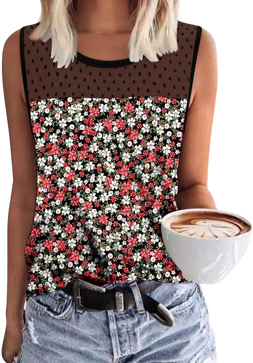 KISSMODA Womens Flora Print Tank Tops Ribbed Summer Shirt Sleeveless Summer Casual Women BlousesS-3XL