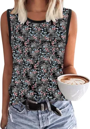 KISSMODA Womens Flora Print Tank Tops Ribbed Summer Shirt Sleeveless Summer Casual Women BlousesS-3XL