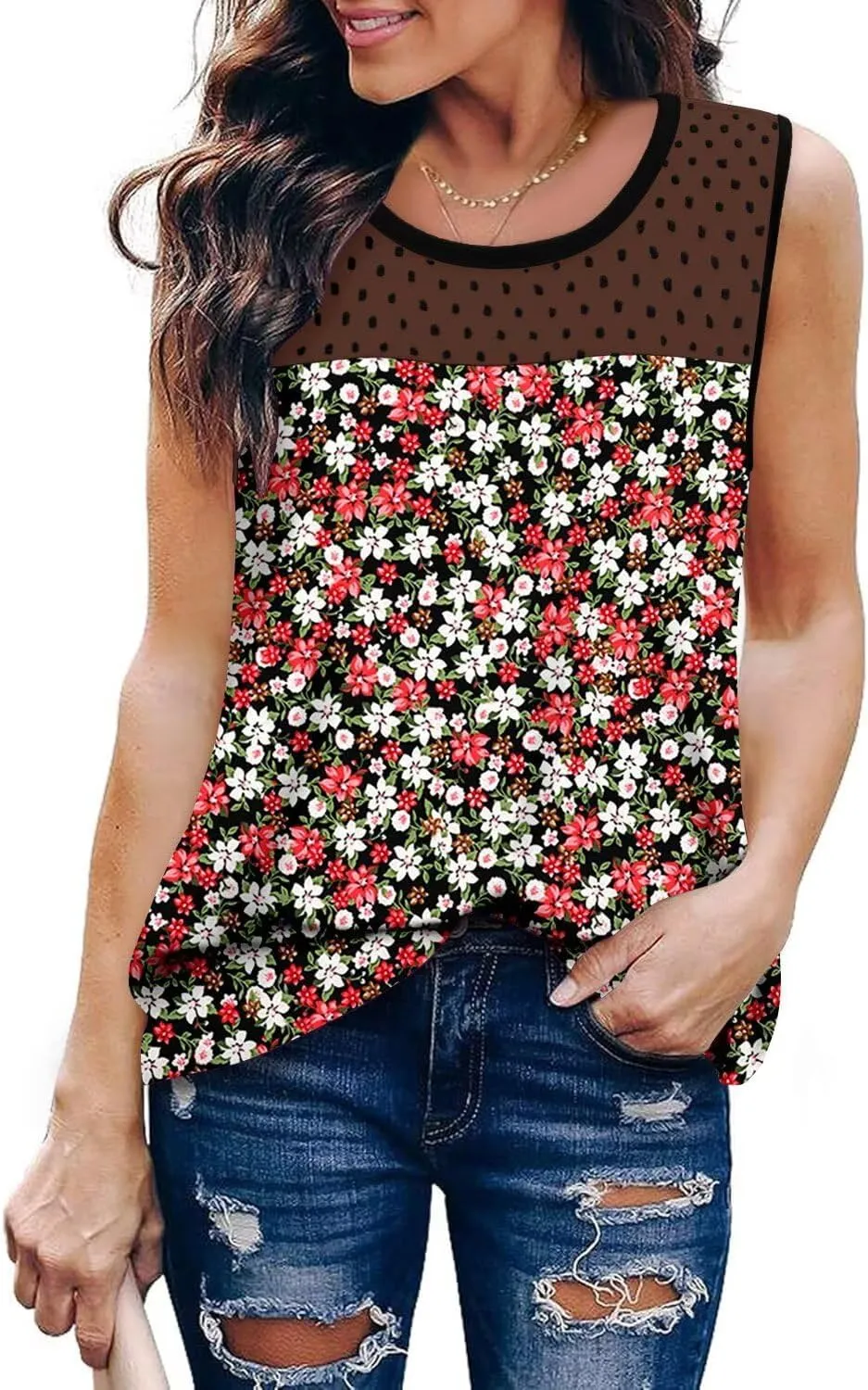 KISSMODA Womens Flora Print Tank Tops Ribbed Summer Shirt Sleeveless Summer Casual Women BlousesS-3XL