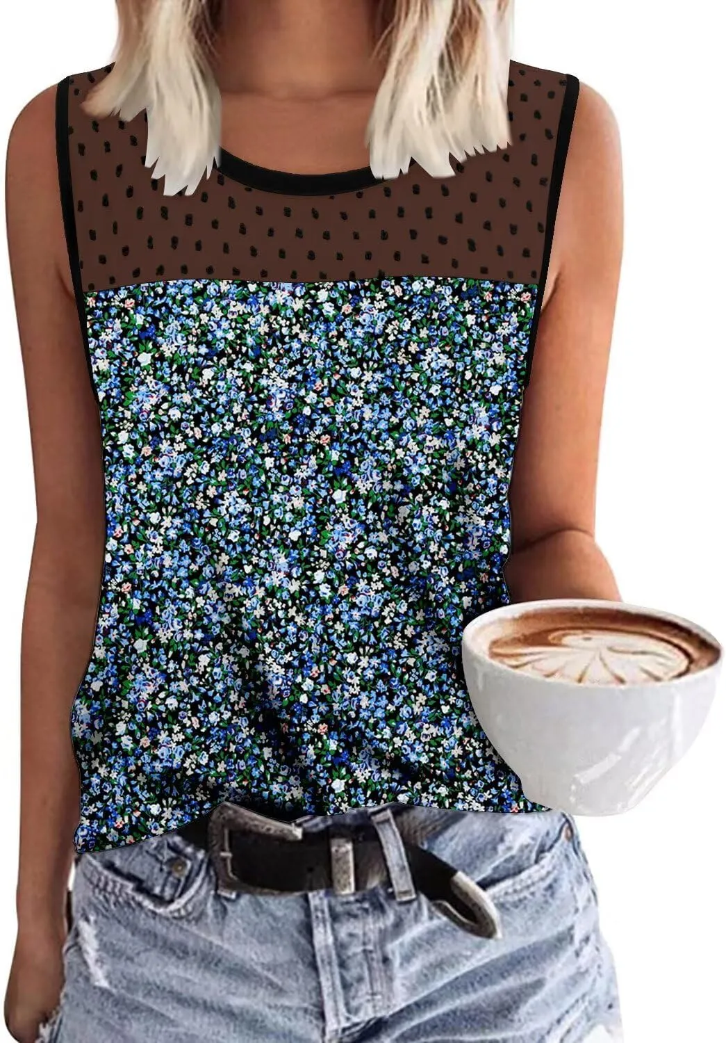 KISSMODA Womens Flora Print Tank Tops Ribbed Summer Shirt Sleeveless Summer Casual Women BlousesS-3XL