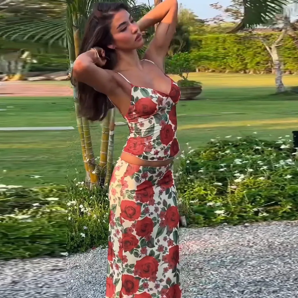ksotutm Two Piece Sets for Women Floral Print Summer Outfits Sexy V Neck Halter Tops Slim Maxi Skirt Vacation Skirt Sets