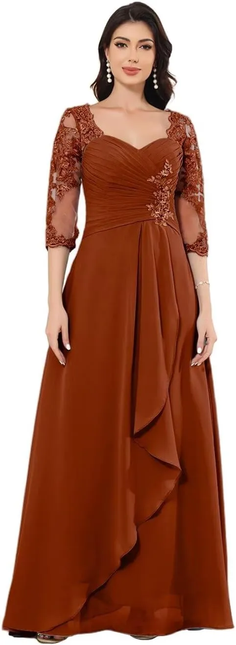 Lace Appliques Mother of The Bride Dresses for Wedding A-Line 3/4 Sleeve Formal Evening Dress with Pocket