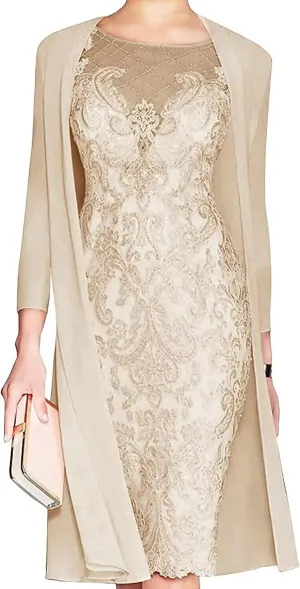Lace Mother of The Bride Dress with Jacket for Wedding Knee Length Chiffon 3/4 Sleeve Formal Evening Party Gown for Women Champagne US18W