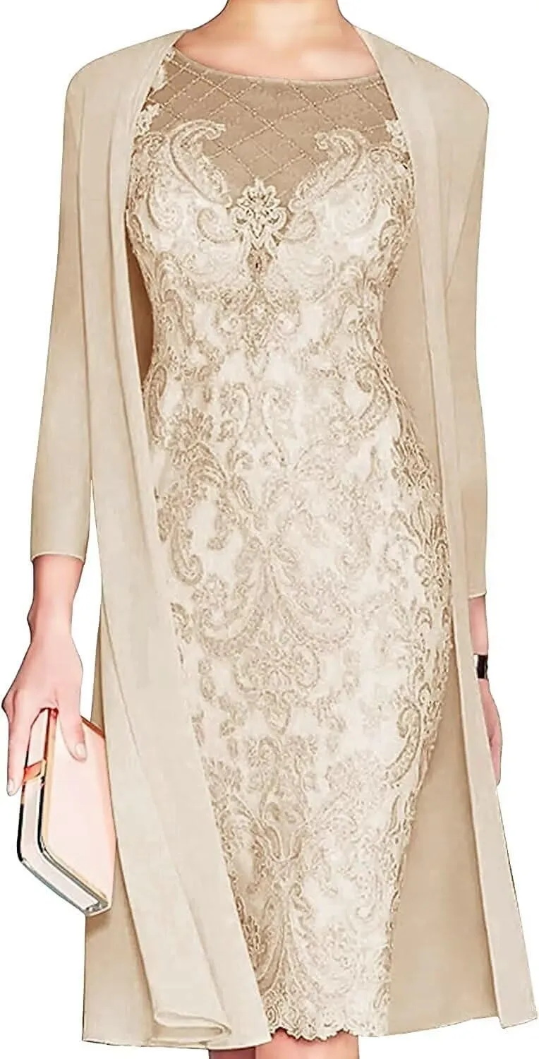 Lace Mother of The Bride Dress with Jacket for Wedding Knee Length Chiffon 3/4 Sleeve Formal Evening Party Gown for Women Champagne US18W