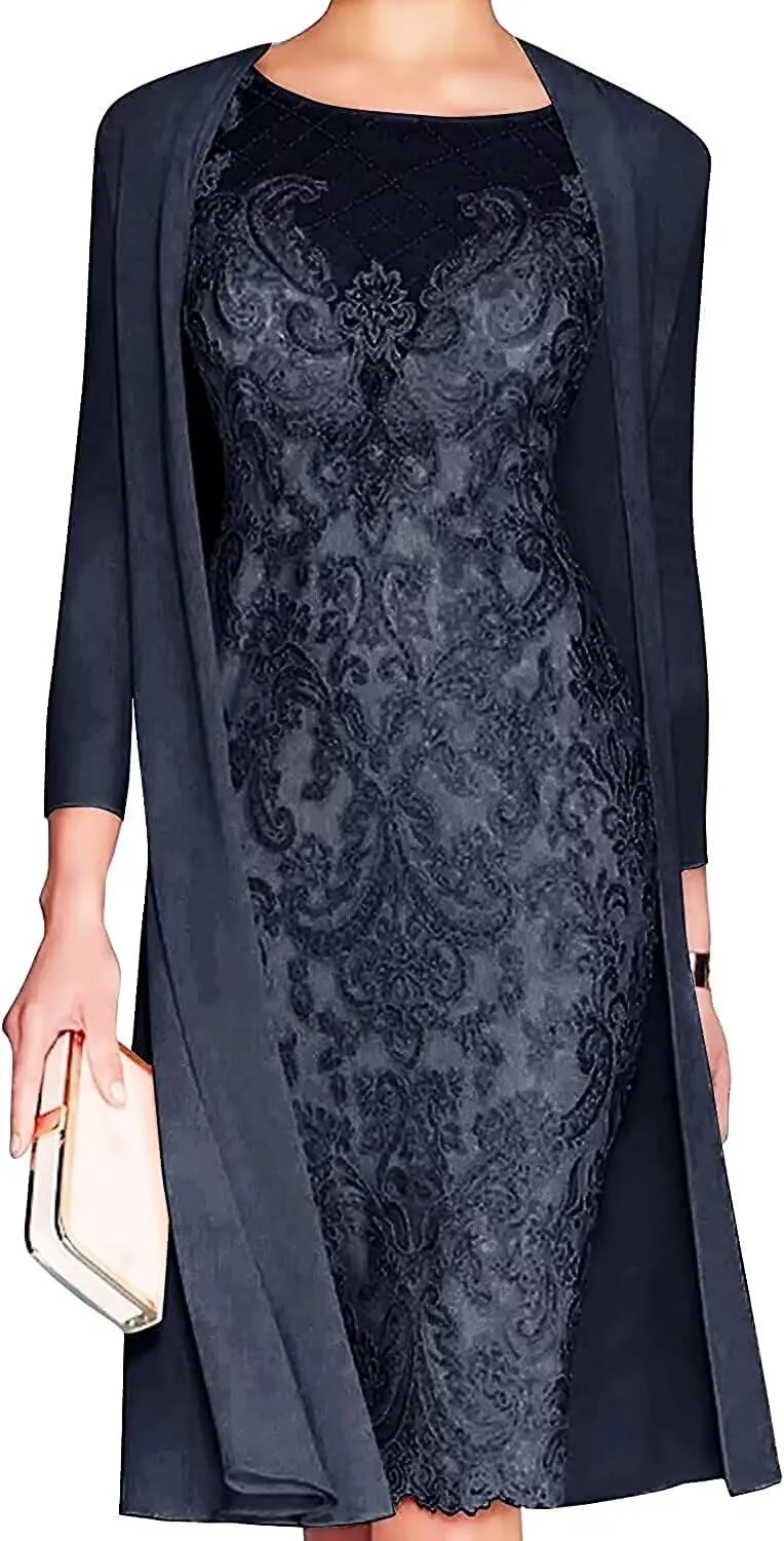 Lace Mother of The Bride Dress with Jacket for Wedding Knee Length Chiffon 3/4 Sleeve Formal Evening Party Gown for Women Navy Blue US14