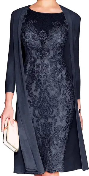 Lace Mother of The Bride Dress with Jacket for Wedding Knee Length Chiffon 3/4 Sleeve Formal Evening Party Gown for Women Navy Blue US14