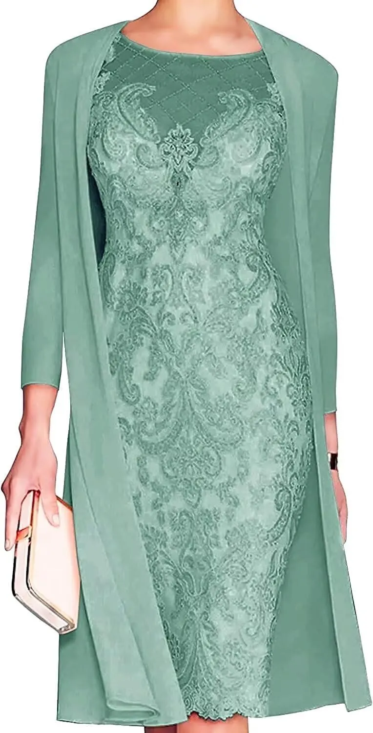 Lace Mother of The Bride Dress with Jacket for Wedding Knee Length Chiffon 3/4 Sleeve Formal Evening Party Gown for Women Pastel Green US18W