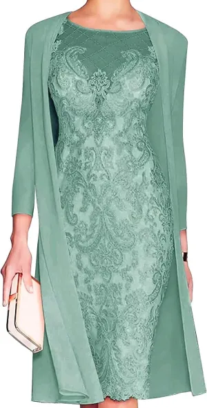Lace Mother of The Bride Dress with Jacket for Wedding Knee Length Chiffon 3/4 Sleeve Formal Evening Party Gown for Women Pastel Green US18W