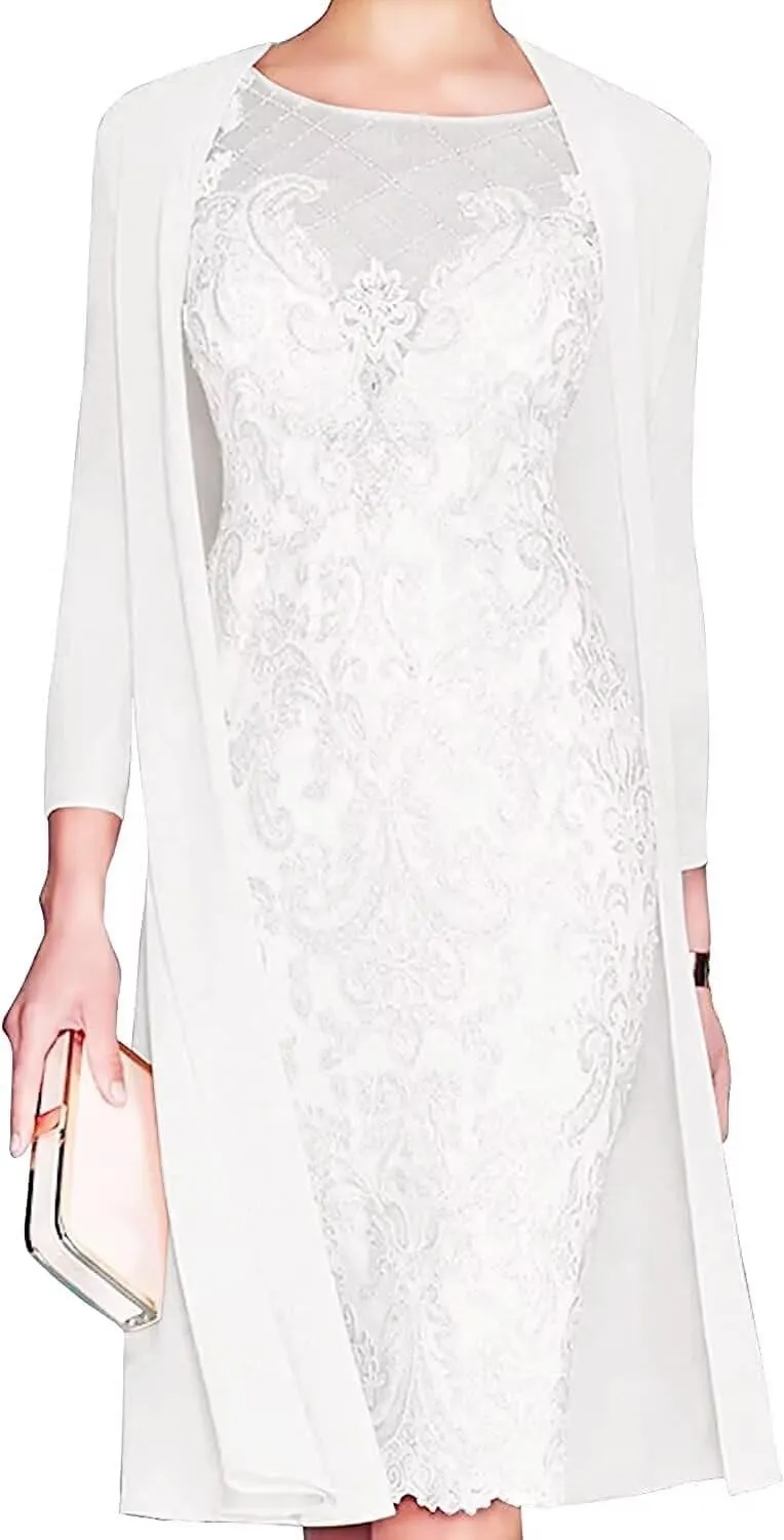 Lace Mother of The Bride Dress with Jacket for Wedding Knee Length Chiffon 3/4 Sleeve Formal Evening Party Gown for Women White US6