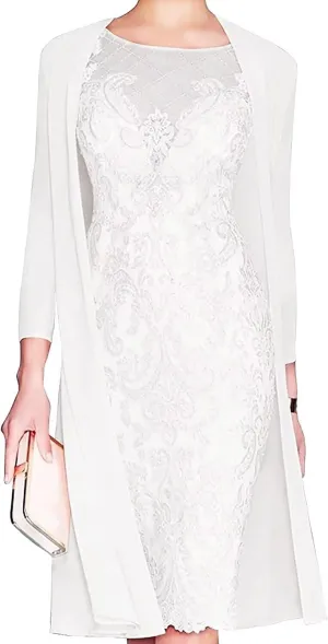 Lace Mother of The Bride Dress with Jacket for Wedding Knee Length Chiffon 3/4 Sleeve Formal Evening Party Gown for Women White US6