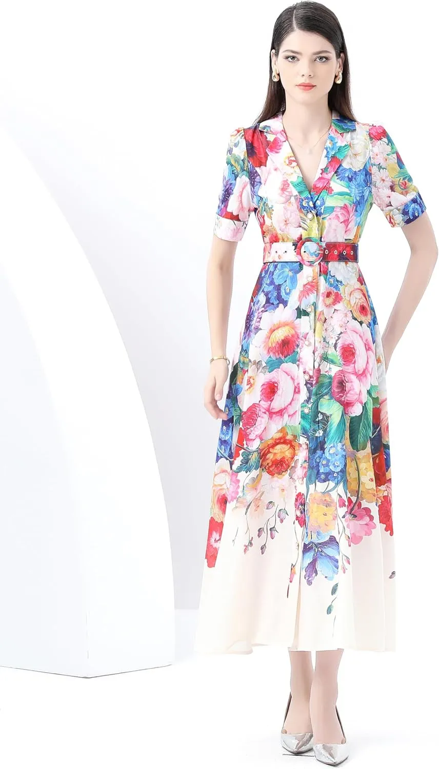 LAI MENG FIVE CATS Women's V-Neck Front Button Floral Print Short Sleeve Waist Belt Maxi Dress