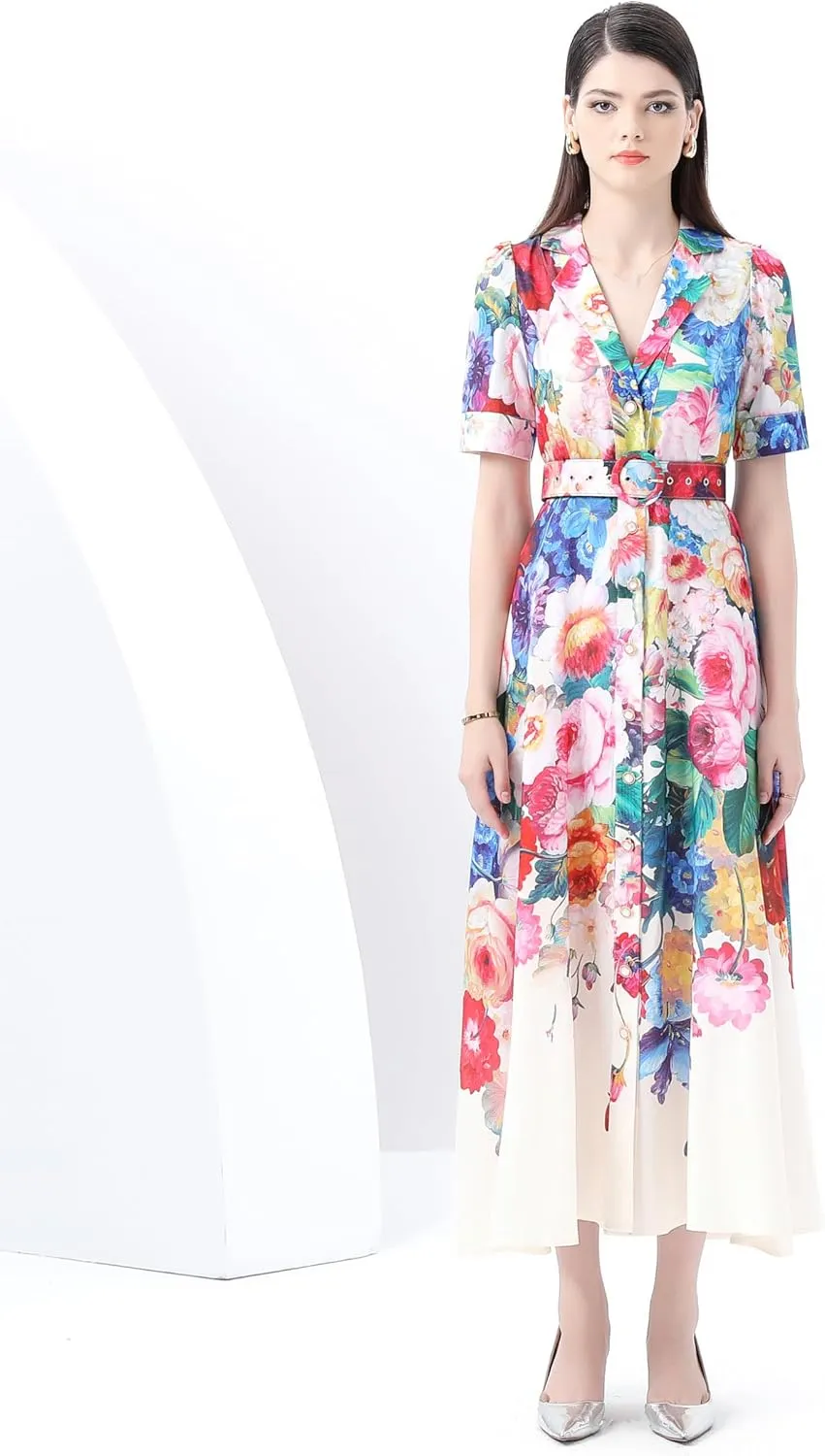 LAI MENG FIVE CATS Women's V-Neck Front Button Floral Print Short Sleeve Waist Belt Maxi Dress