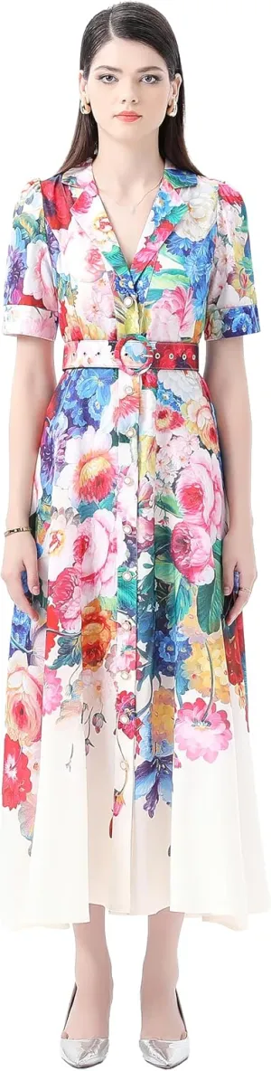 LAI MENG FIVE CATS Women's V-Neck Front Button Floral Print Short Sleeve Waist Belt Maxi Dress