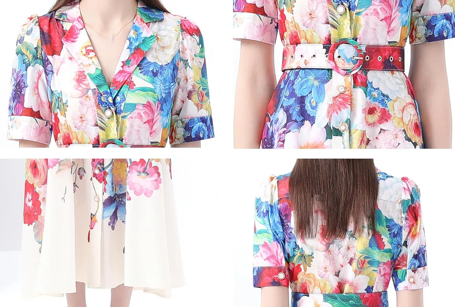 LAI MENG FIVE CATS Women's V-Neck Front Button Floral Print Short Sleeve Waist Belt Maxi Dress