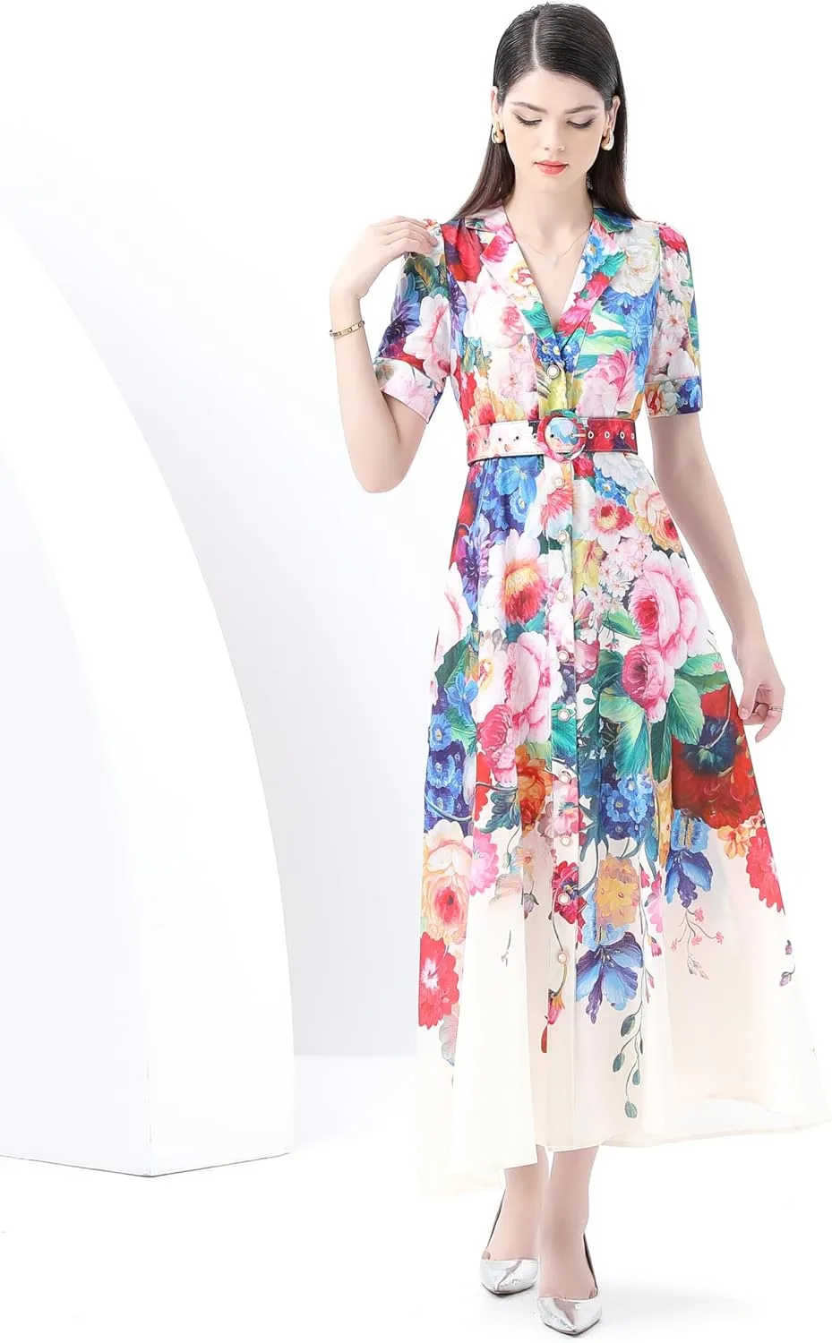 LAI MENG FIVE CATS Women's V-Neck Front Button Floral Print Short Sleeve Waist Belt Maxi Dress
