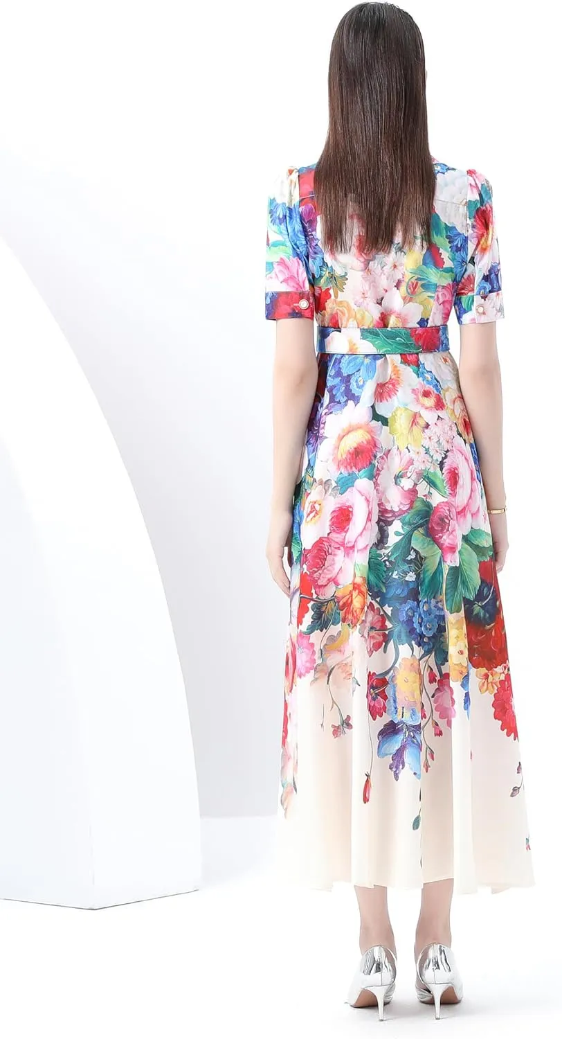 LAI MENG FIVE CATS Women's V-Neck Front Button Floral Print Short Sleeve Waist Belt Maxi Dress