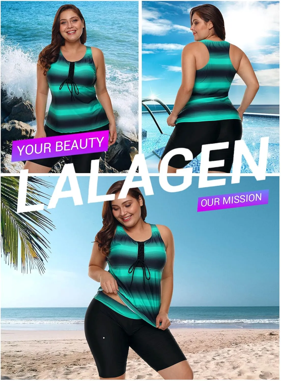 LALAGEN Womens 2025 Plus Size Tankini Swimsuits Rash Guard Capris Athletic Two Piece Swimwear Bathing Suits for Women S-5X