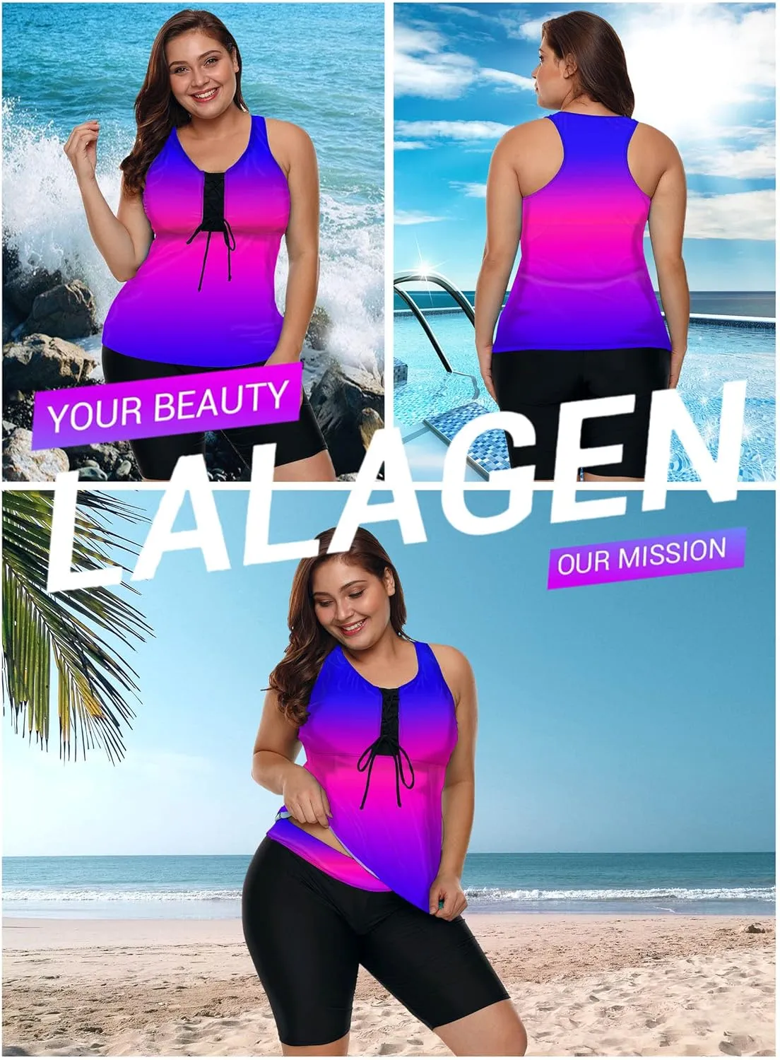 LALAGEN Womens 2025 Plus Size Tankini Swimsuits Rash Guard Capris Athletic Two Piece Swimwear Bathing Suits for Women S-5X