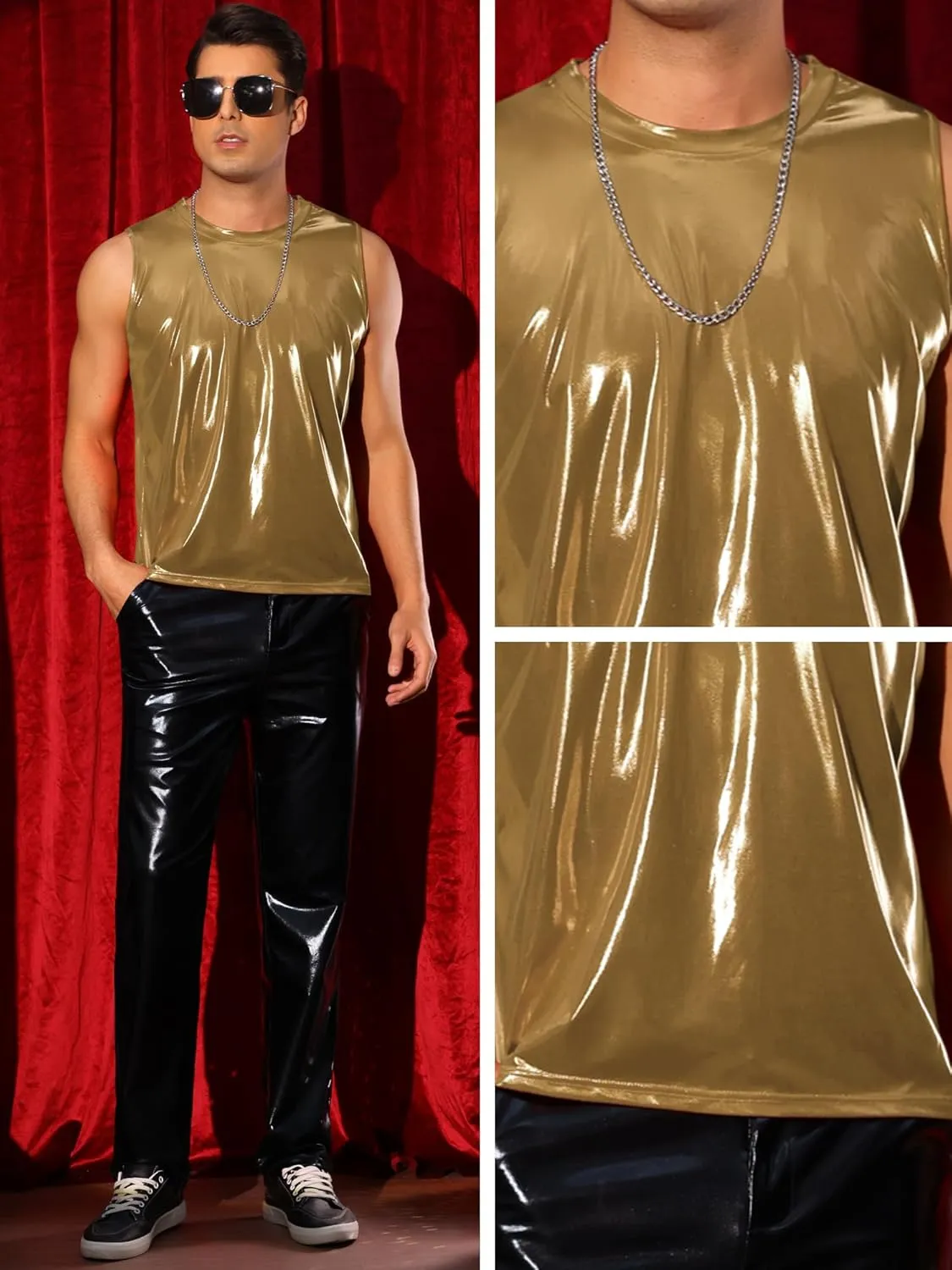 Lars Amadeus Metallic Tank Tops for Men's Holographic Sleeveless T-Shirt Disco Party Shiny Vest