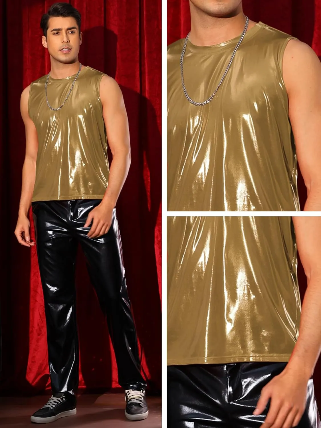 Lars Amadeus Metallic Tank Tops for Men's Holographic Sleeveless T-Shirt Disco Party Shiny Vest