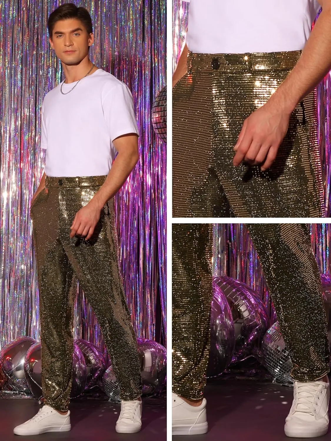 Lars Amadeus Sequins Pants for Men's Party Disco Shiny Sparkly Straight Leg Trousers