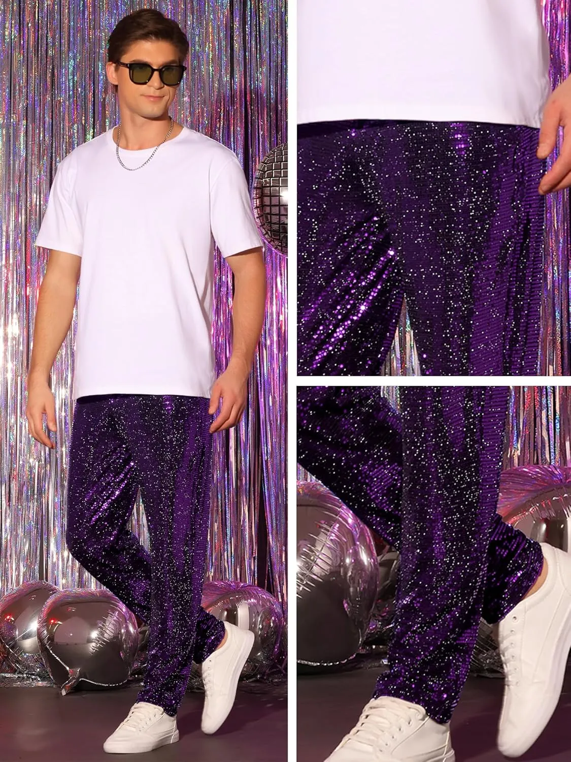 Lars Amadeus Sequins Pants for Men's Party Disco Shiny Sparkly Straight Leg Trousers