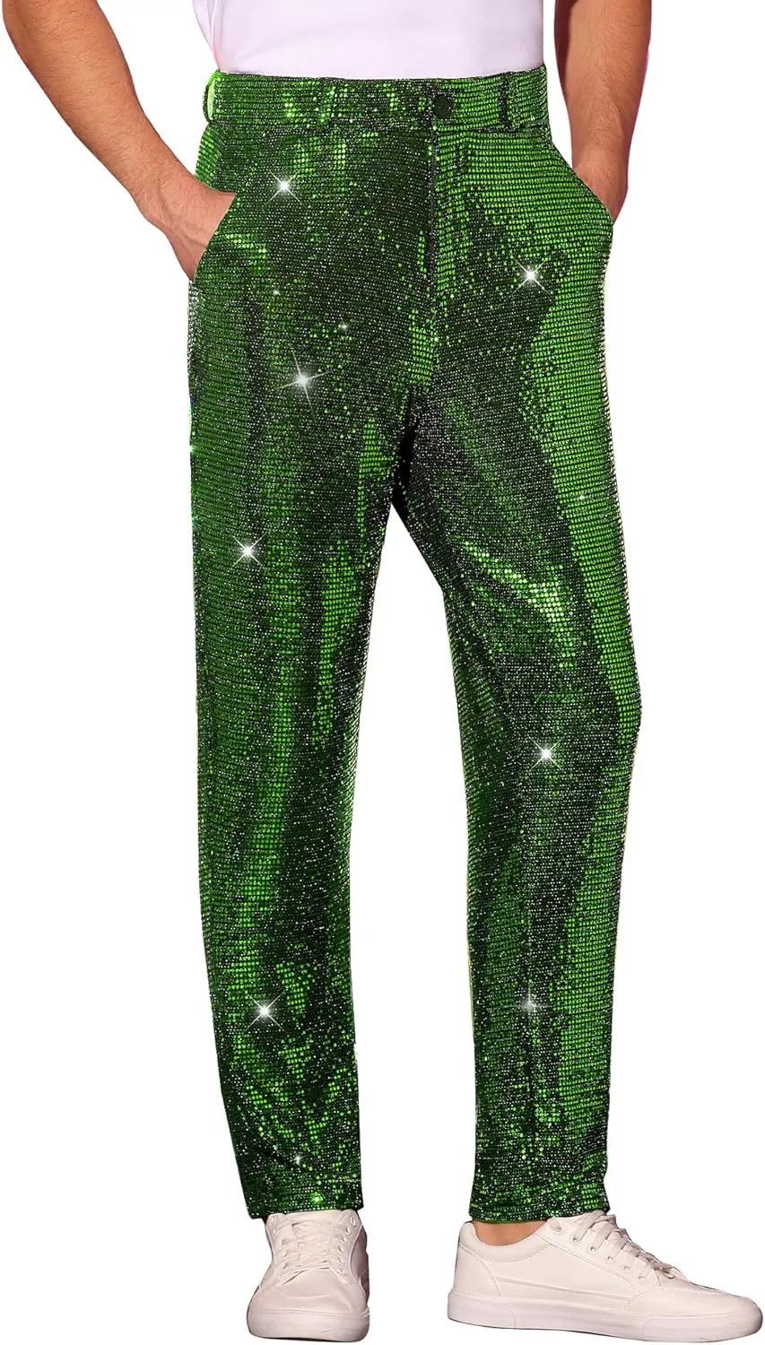 Lars Amadeus Sequins Pants for Men's Party Disco Shiny Sparkly Straight Leg Trousers