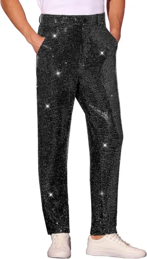 Lars Amadeus Sequins Pants for Men's Party Disco Shiny Sparkly Straight Leg Trousers